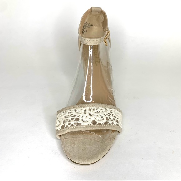 Nanette Lepore Ankle Strap Sandal ‘Beauty’ Heel Crochet Detail Faux Suede Tan 8 - Picture 3 of 14